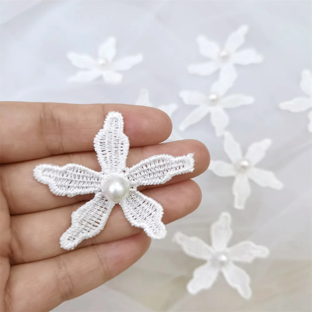 

3D Flower With Pearls Patches Lace Applique DIY Bride Veil Handwork Craft Supplies 40pcs