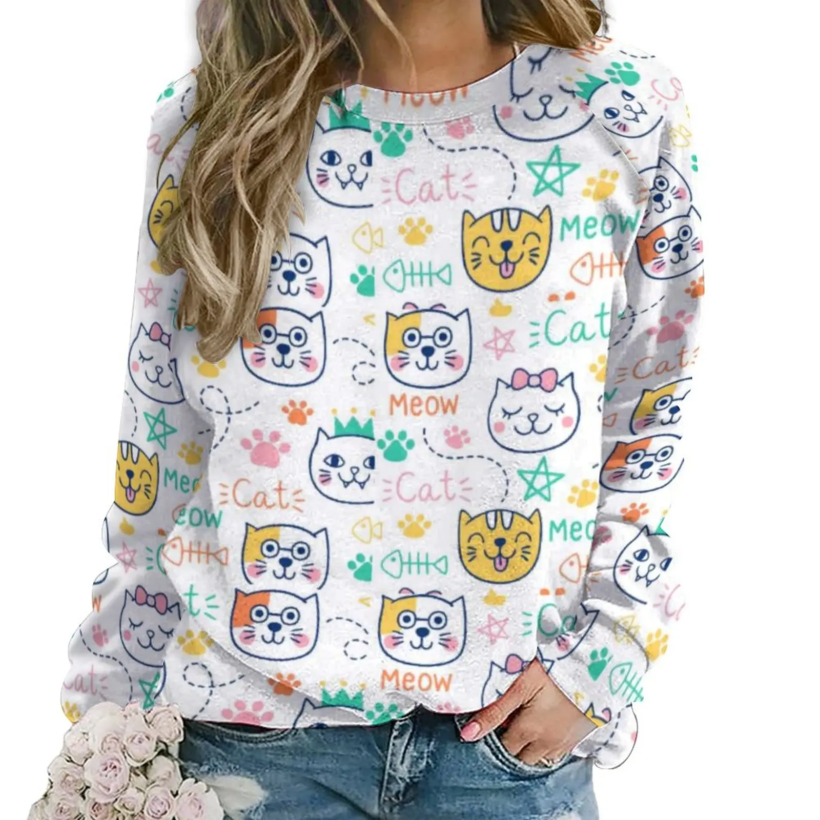 

Худи женское зимнее оверсайз с длинным рукавом и принтом в виде кошек