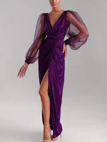 sexy grape slit formal evening dresses 2022 v neck long illusion sleeve satin prom party gown robe de soiree vestidos festa