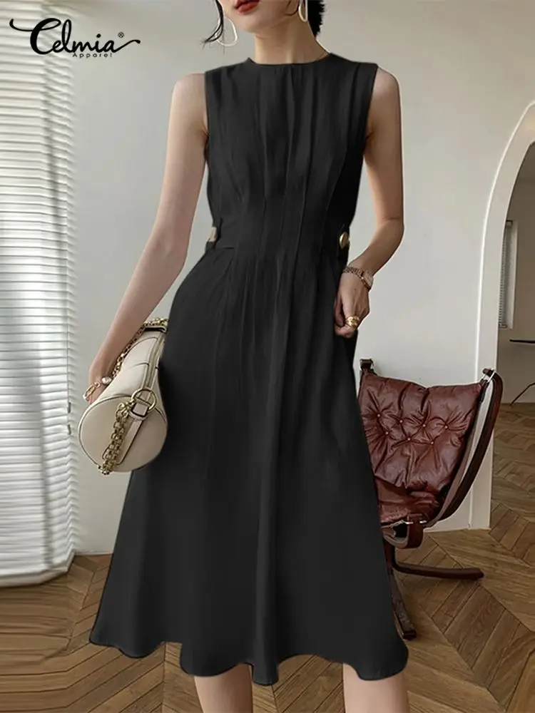 

Celmia Summer Wasited Pleated Dress Fashion Sleeveless Dress Women Elegant O Neck Midi Sundress Casual Solid Classy Ladies Robe