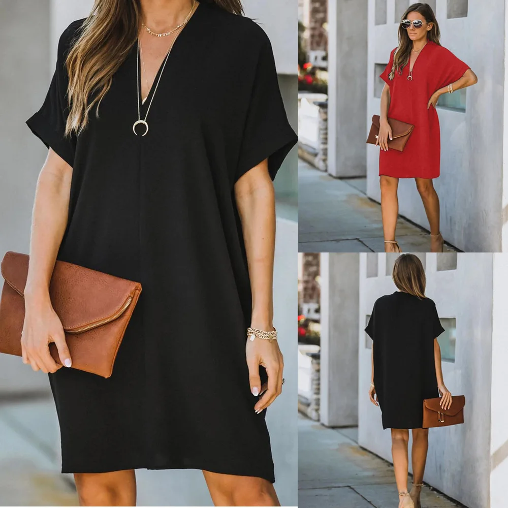 

Women's Dress 2023 fashion hit V-neck Short Sleeved Relaxed Slimming Solid Color Loose Ftting Chiffon Dress