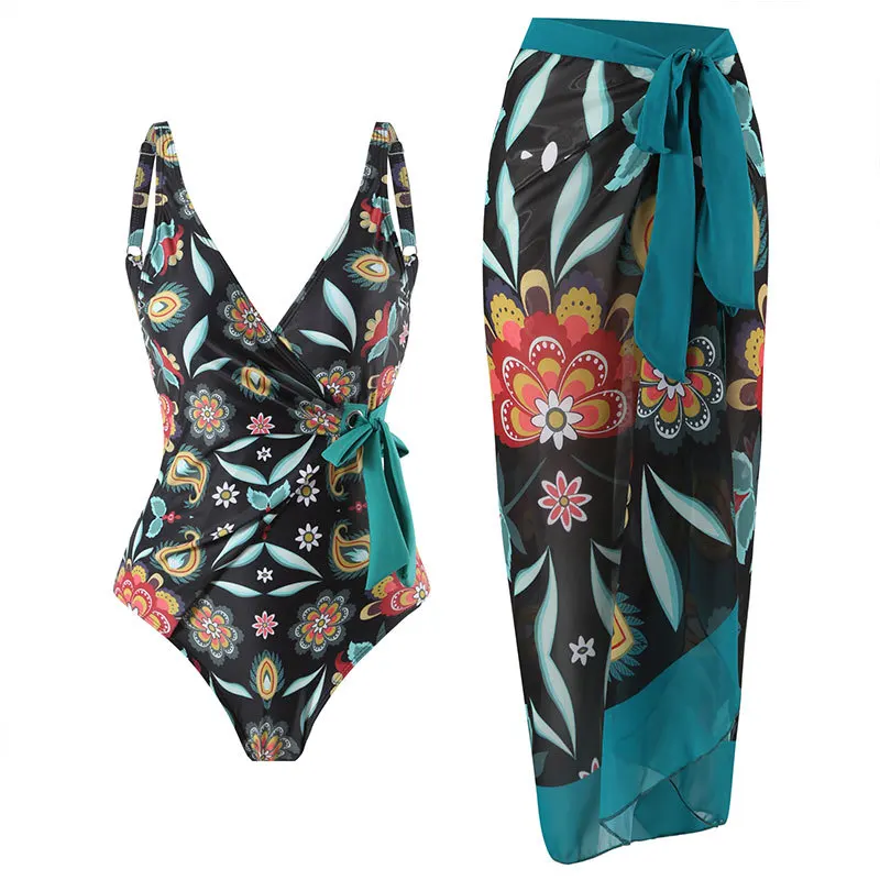 

Dropshipping Colorful Print Sling Bikini Set Cover Up High Waist U Back Design Swimsuit Tummy Wrap Fashion One Piece Swimwear
