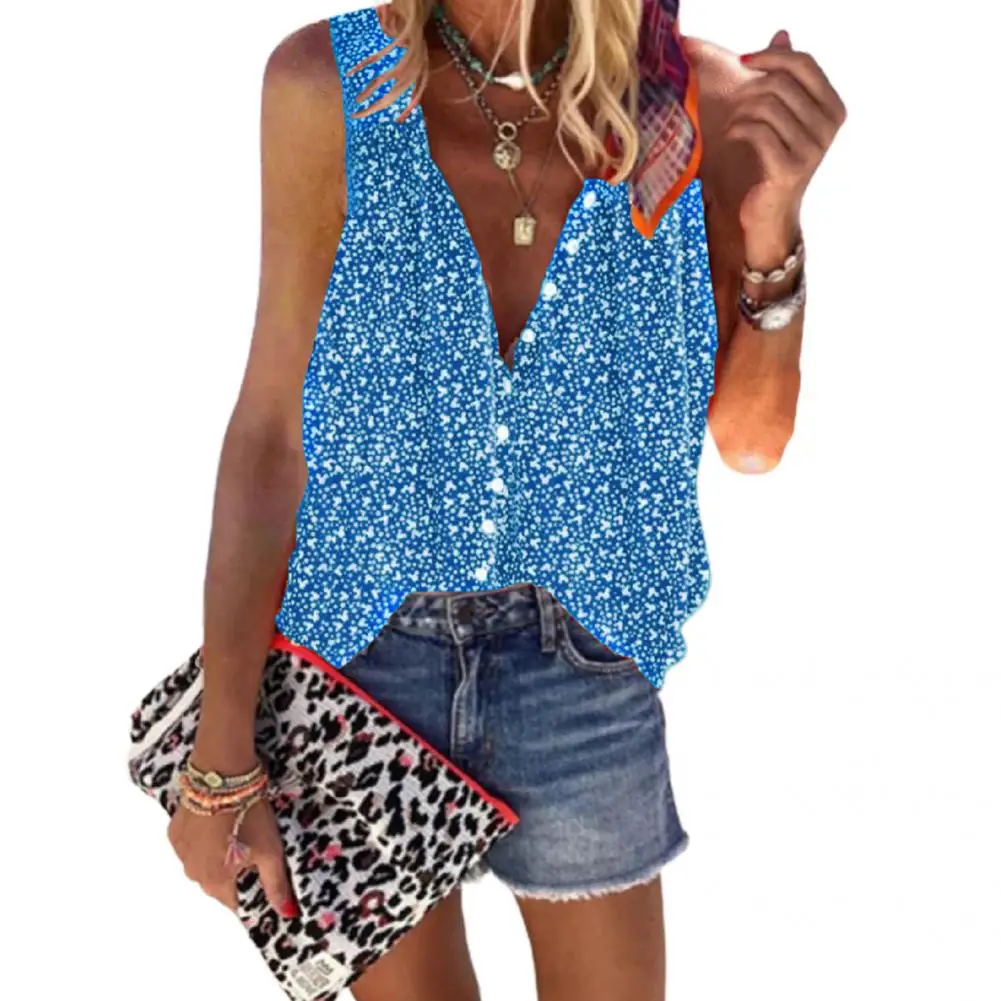 

Summer Top Floral Print Summer Shirt Single-breasted Sleeveless Shirt