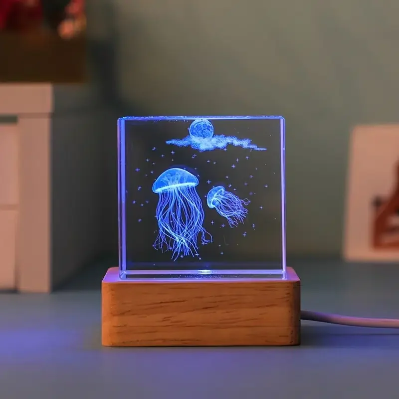 

HMTX 1pc Cube Marine Animal Jellyfish Ночной светильник, стеклянная светящаяся фотография, USB деревянная фотография, романтический
