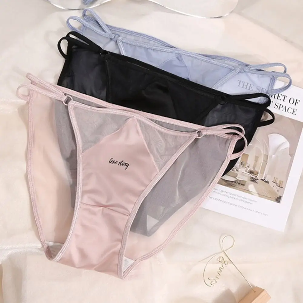 

Elastic Comfortable French Breathable Low Waist Briefs Bandage Satin Panties Adjustable Waist Mesh Briefs Women's Underwear