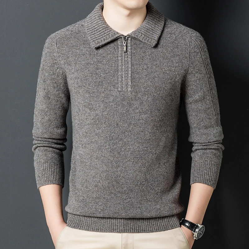 

Men's High Quality Pure Wool Knit Thick Sweater Winter Business Casual Lapels Zipper Men's Sweater