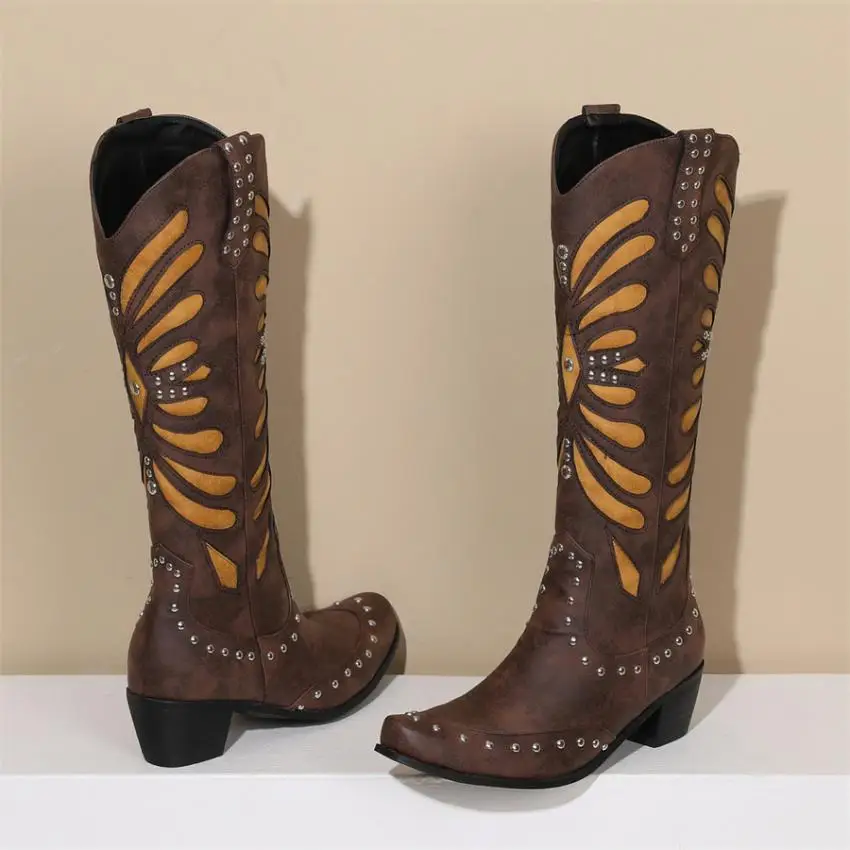 

Women Boots 2023 High Heels Rivet Boots Lady Spring Autumn Cowgirl Boots Shoes Wide Calf Punk Western Cowboy Boots Dropshopping