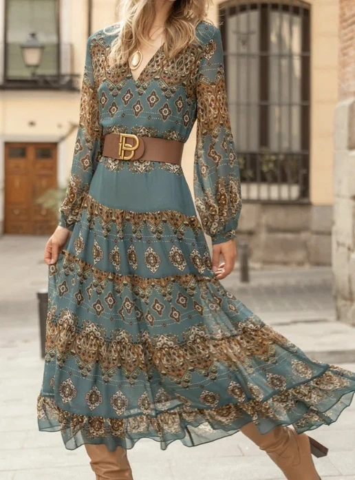 

Women's Dress 2023 Bohemian Dress Retro Elegant Long Sleeved V-Neck Waist Cinched A-Line Baroque Print Dress Casual Long Dress
