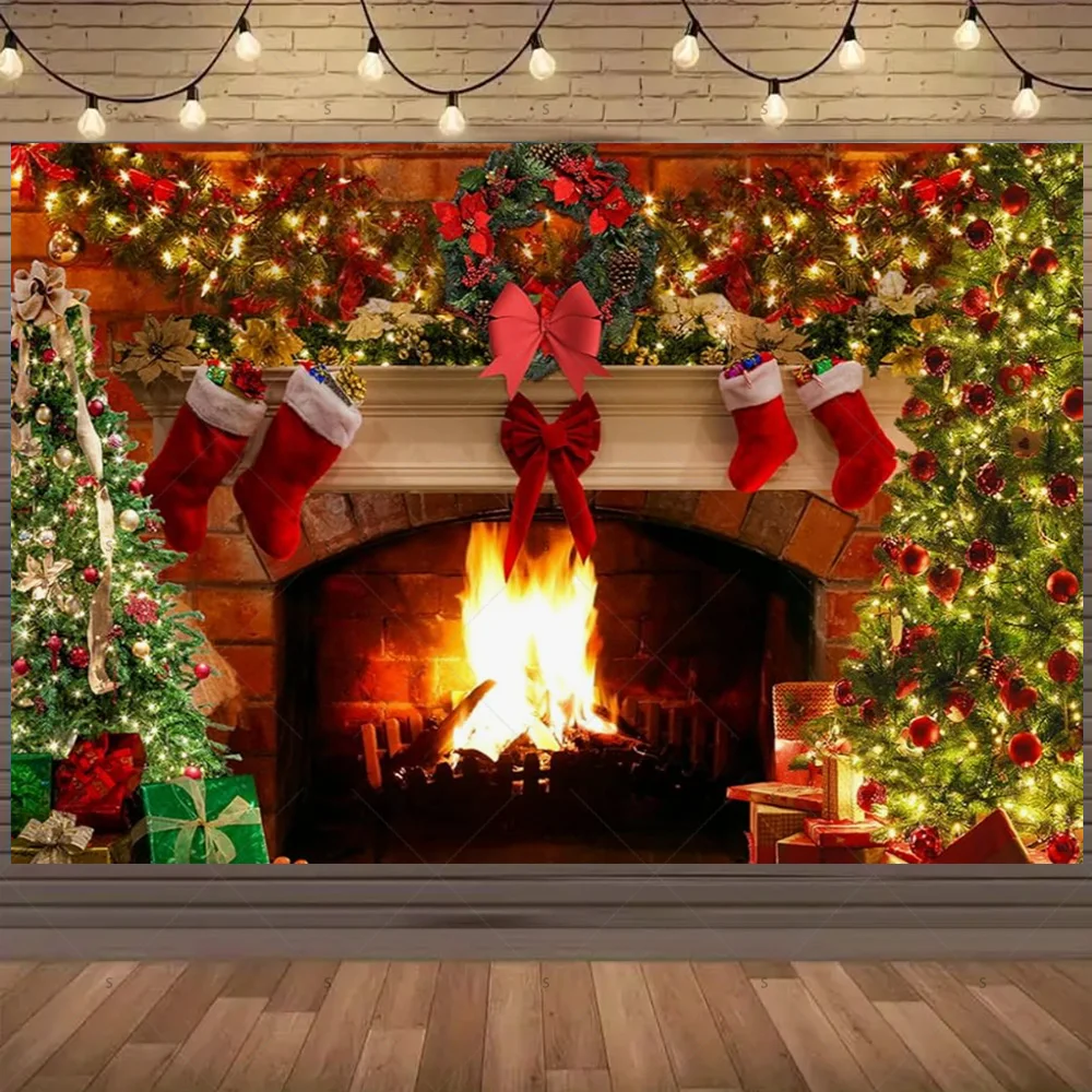 

Рождественский фон для фотосъемки Рождественская елка Рождественский чулок камин фон баннер семейное украшение для рождественской вечеринки подарки