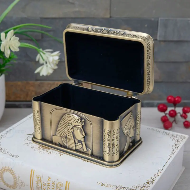 Egyptian Face Carved Box High-end Luxury Jewelry Case Alloy Jar Makeup Organizer Snack Storage Box Home Art Craft Decoration