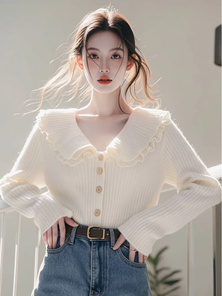 Graceful White Doll Collar Sweater Outerwear Women 2024 Autumn and Winter New High Sense Korean Series Wear Knitted Top