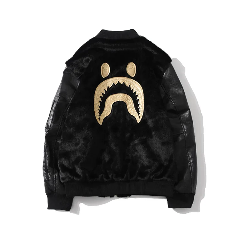 

Bape Japanese Tide Brand Black Gold Embroidered Furry Shark Stand Collar Men's And Women's Jacket