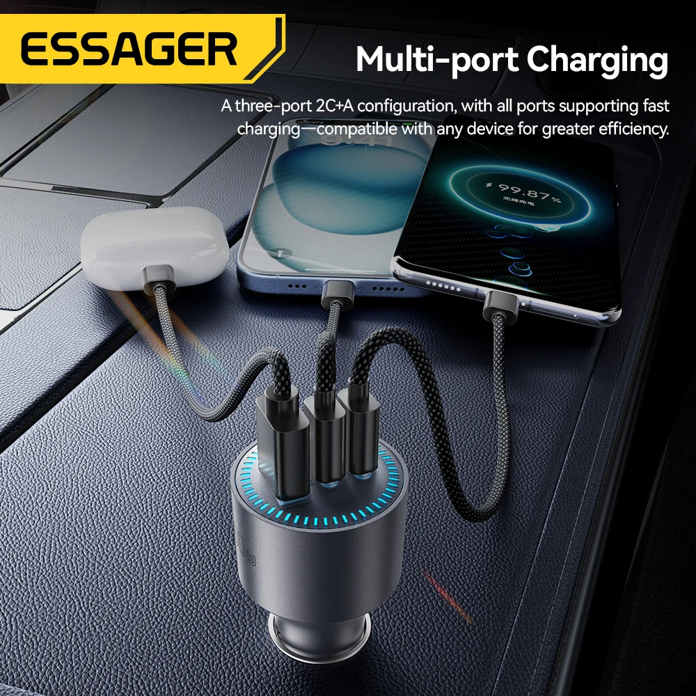Фото Автомобильное зарядное устройство Essager 200W с USB Type-C, QC 4.0, 3.0, PD 100W, быстрая зарядка USB-C для iPhone 17, 16, Macbook Pro, Huawei №4
