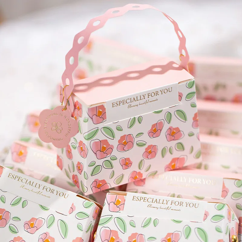 

50pcs/Lot Pink Flower Printeable Candy Handle Bags for Wedding Favors Party Souvenirs for Guests Chic Floral Paper Dragee Boxes
