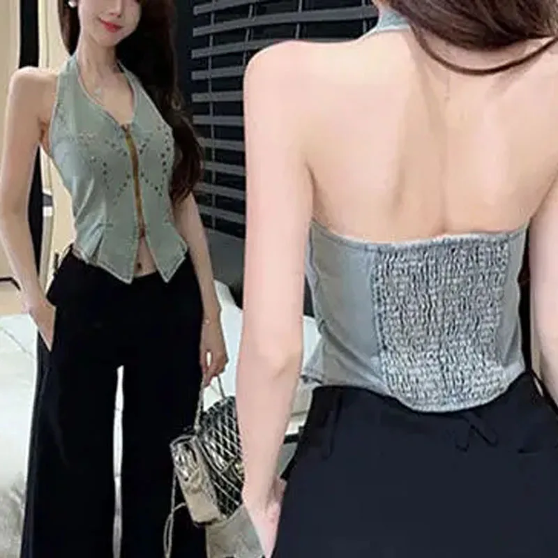 Женские пикантные джинсовые короткие майки укороченный топ 2024 асимметричный