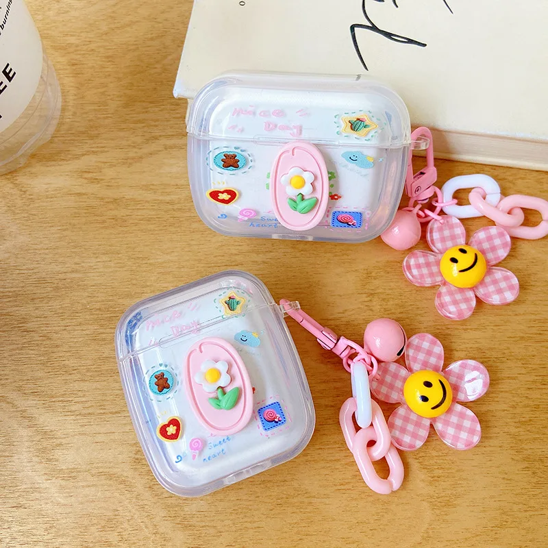 

Nice 3d sunflower cute smiley cartoon keychain earphone case bear charging box for apple airpods 3 2 1 pro wireless bluetooth