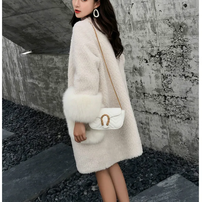 Ladies Fashion Temperament Artificial Mink Fur Trench Coat Imitation Fox Fur Coat Cardigan Pocket Single-breasted Wool Furry Top
