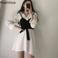 koamissa elegant women two pieces set white long sleeves mini short shirt dress slim solid cami fashion lady chic korean outfits