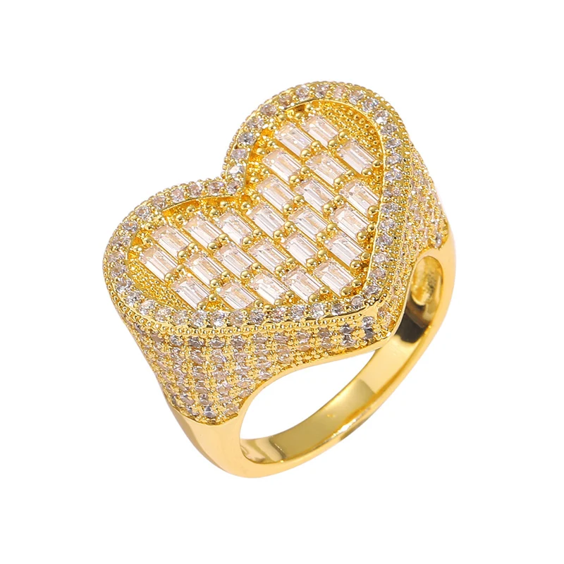 

Hip Hop 3A+ Cubic Zirconia Paved Bling Ice Out Heart Shape Finger Rings for Women Men Rapper Jewelry Gold Silver Color