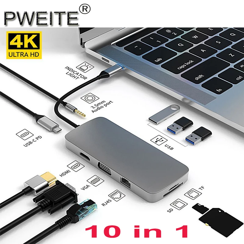 

10 in 1 USB C Hub Type C Adapter for MacBook Pro air Dell HP Lenovo Chromebook with RJ45 Ethernet, 4K HDMI, VGA PD 3.0 TF/SD