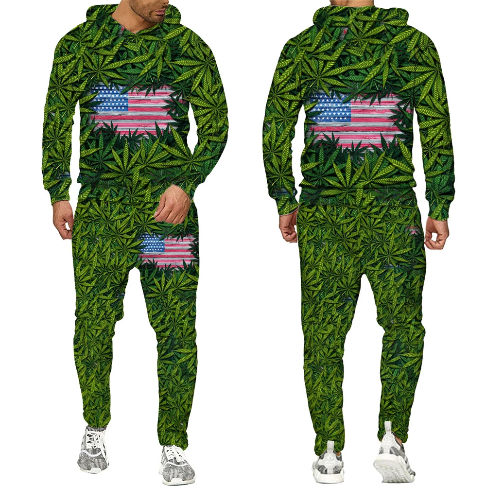 

3D Printed Tricolor Maple Leaf Sportswear Men's Harajuku Hoodie Fall Two Piece Hooded Long Sleeve Pants Suit Streetwear