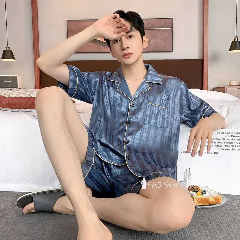 1 Set Men Silk Pajama set Big Size Sleepwear Summer Short Sleeved Home Wear Silk Pajamas Set for Homewear Pj Set M-5XL