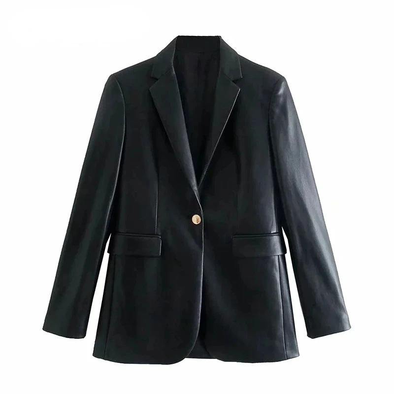 2022 NEW Fashion Women's Pockets Long Sleeve Back Vents Female Outerwear PU Faux Leather Loose Blazer Coat Vintage Chic Tops