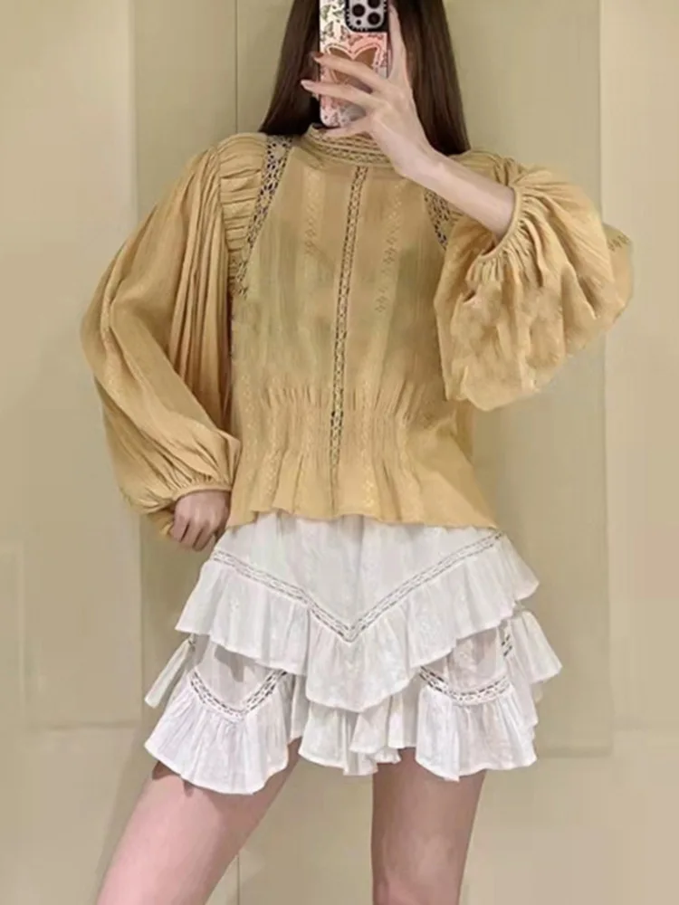 

2022 Spring and Summer New Lace-trimmed Embroidered Lantern Sleeves Small Turtleneck Cotton Women Top