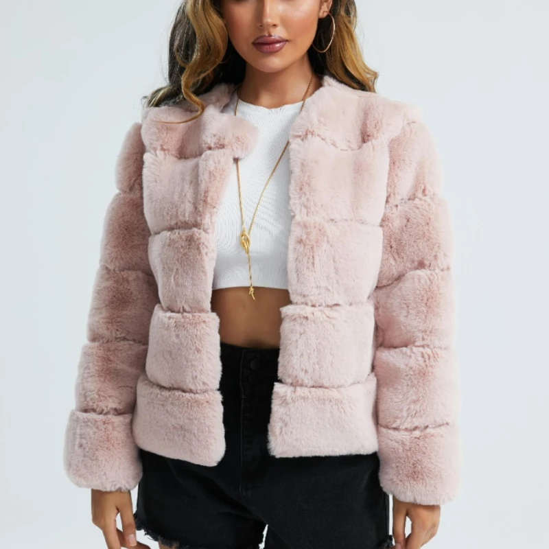 2022 Winter Imitation Fur Women Clothing Short Coat Imitation Fox Fur Horizontal Splicing Slim Artificial Fur Jackets for Women