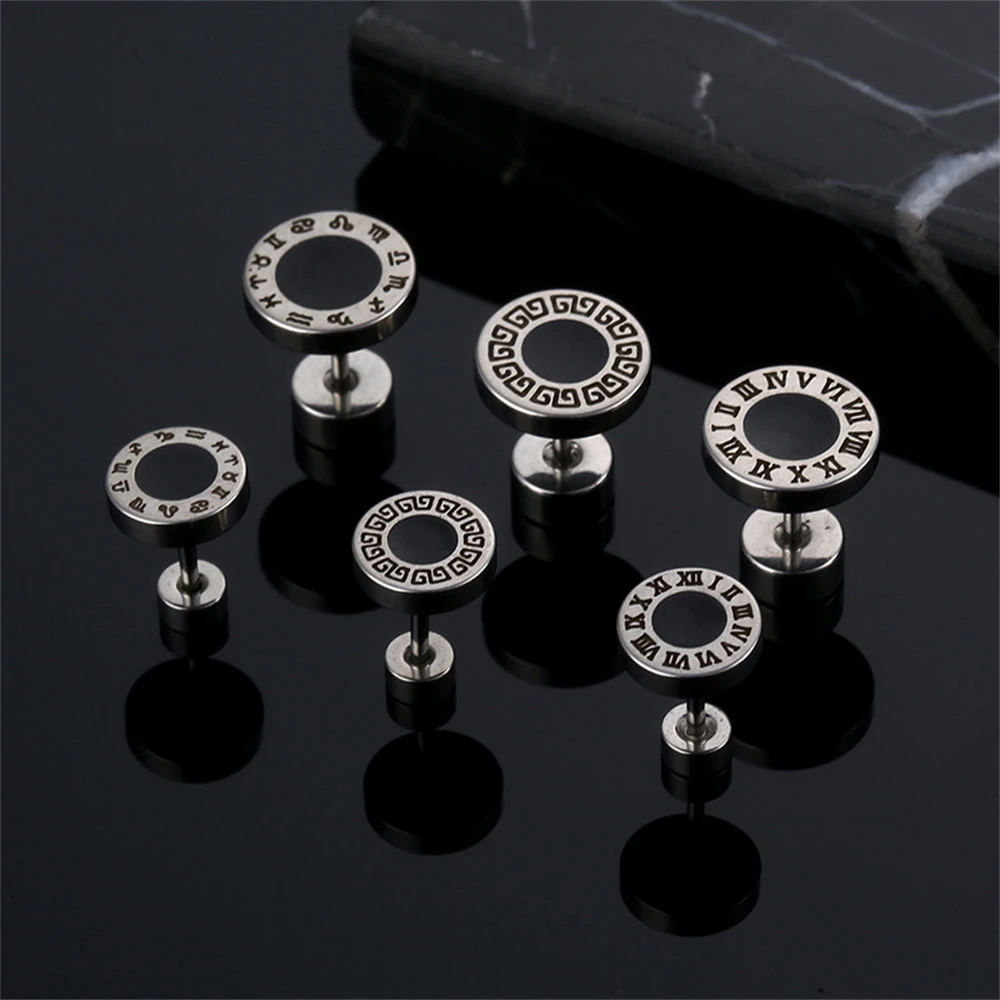

Silver Stainless Steel Earrings For Women Men Fashion Jewelry Roman Numerals Screw Round Ear Studs Earring Anti-allergic Gift