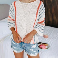 woman bohemian fashion slim white pullover jumper knitwear 2021 spring autumn knit sweater striped slim flare sleeve tops female