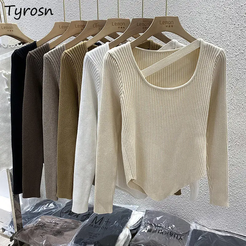 

Pullovers Women Square Collar Irregular Sexy Slim Designed Asymmetrical Sweaters Solid Hot Korean Bottomings Elegant Sueter New