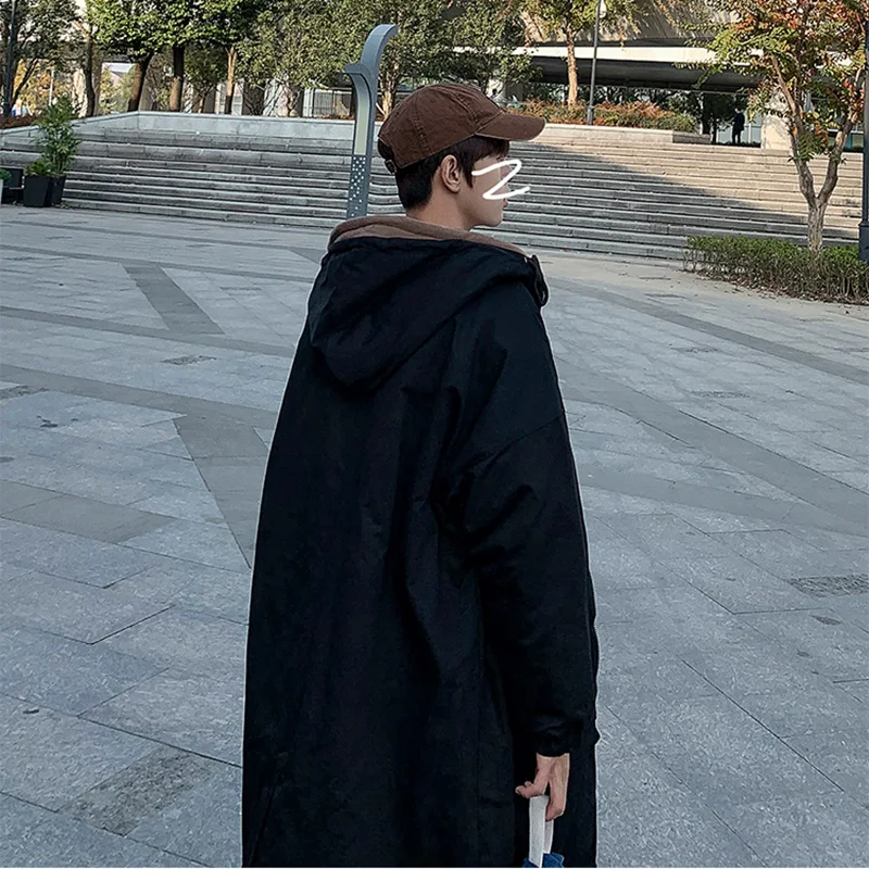 Fake Two Pieces Parkas Men's Medium Hooded High Street Harajuku Zipper Freight Fashion Winter Thickened Coat Korean Windbreaker