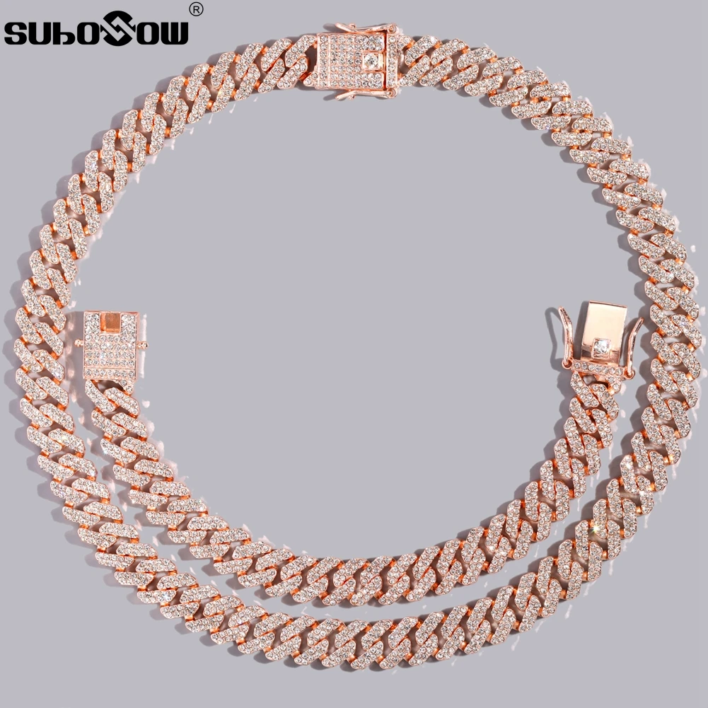 

New 12 MM Bar Cuban Link Chain Men's Necklace Rose Gold Silver Color Full Rhinestones Cuban Choker Rapper Hip-hop Male Jewelry