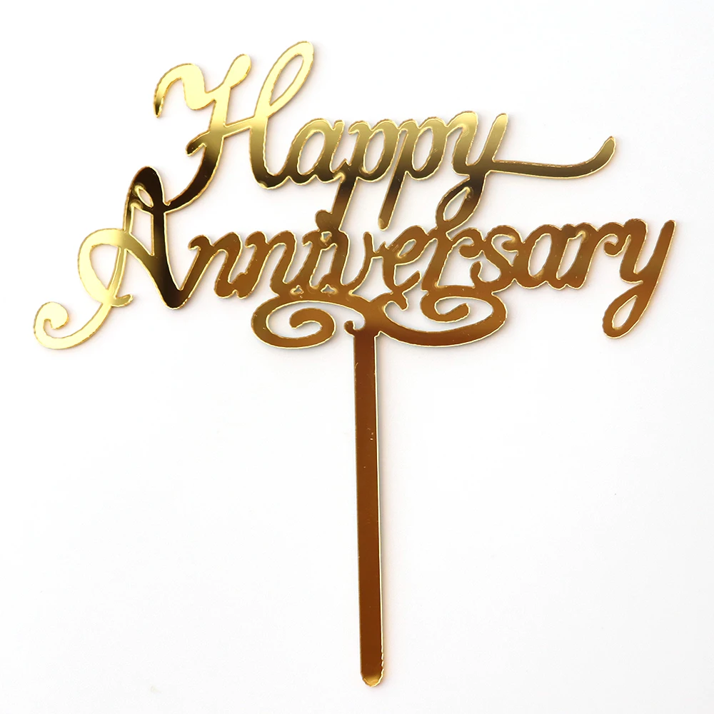 Promotional Happy Anniversary Cake Topper Acrylic Rose Gold Silver Cupcake for Birthday Wedding Party Decorations |