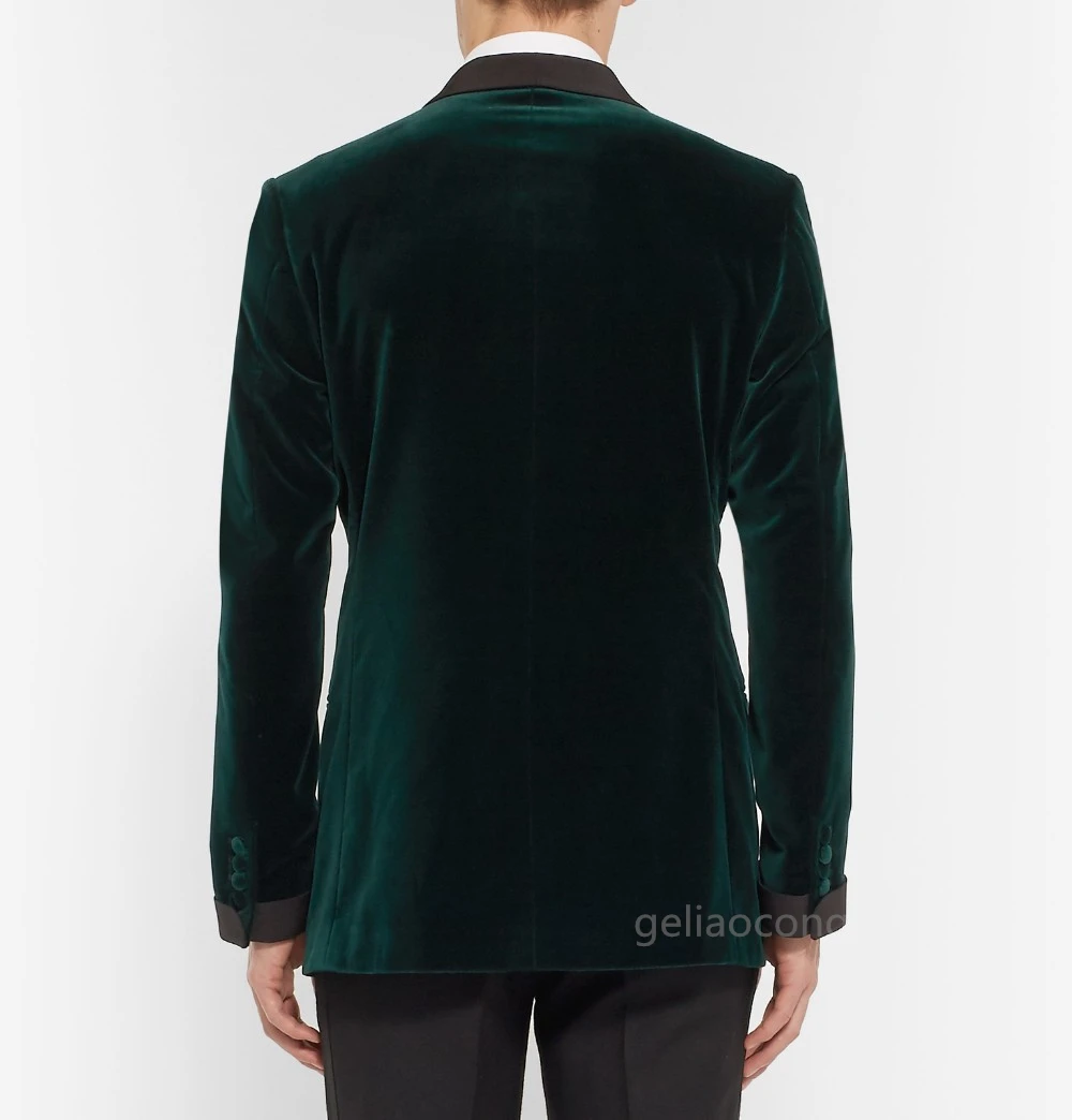 New Popular One Button Dark Green Velvet Blazer Groom Tuxedos Shawl Lapel Groomsmen Mens Wedding Suits 2 Piece(Jacket+Pants)