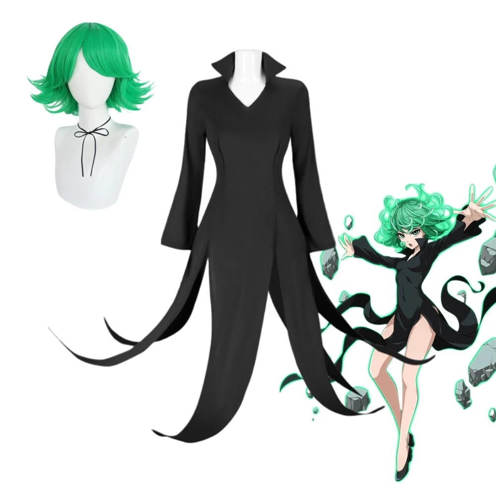 Фото One Punch Man Tornado of Terror Senritsu No Tatsumaki Косплей Костюм Парик Черное Платье Женский Наряд Девушки Хэллоуин Комплект Для Взрослых №1
