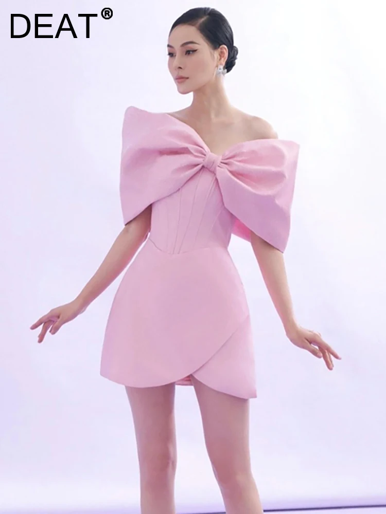 

DEAT Women's Fashion Evening Dress Slash Neck Patchwork Bow Design High Waist Elegant Party Dresses Summer 2023 New 13DB3186