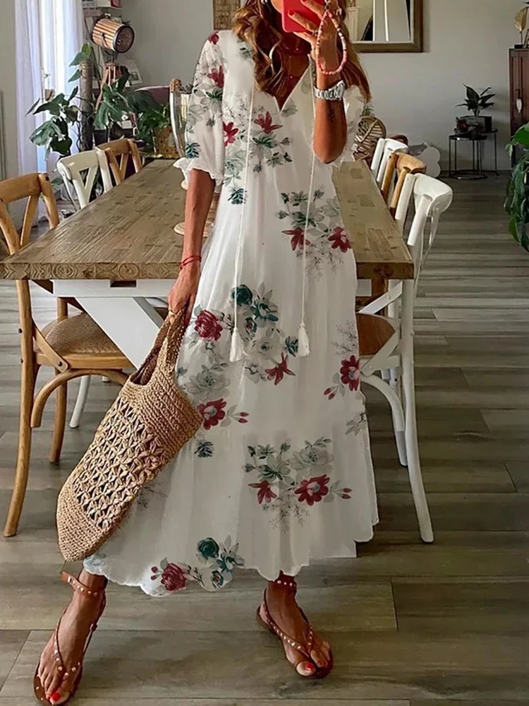 

Fitshinling Holiday Print Maxi Dresses For Women Boho Summer Beach Pareo Female A Line Slim Sexy Long Women's Dress Vestidos New