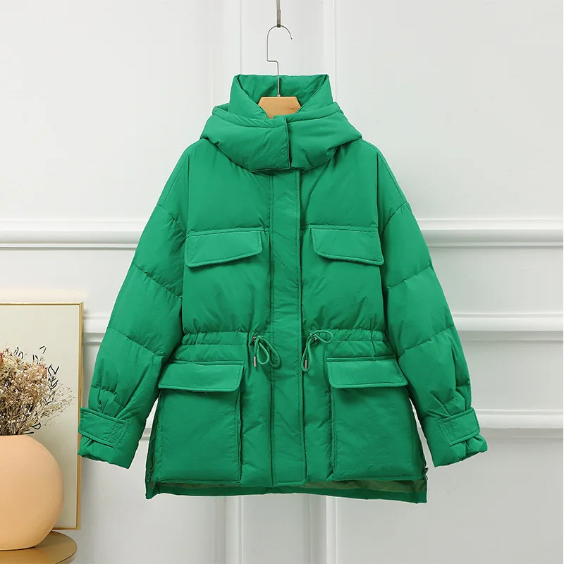 Winter Cotton Padded Down Parkas Womens Casacos De Inverno Feminino 2022 Safari Style Drawstring Pocket Warm Hooded Jacket Coats