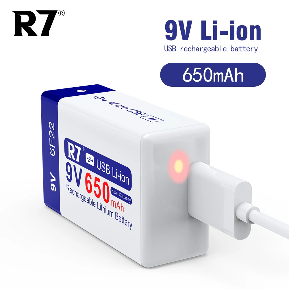 

R7 9V li-ion Rechargeable Battery 650mAh Micro USB 9 volt lithium ion batteries 9 v 6F22 for Multimeter Microphone Toy