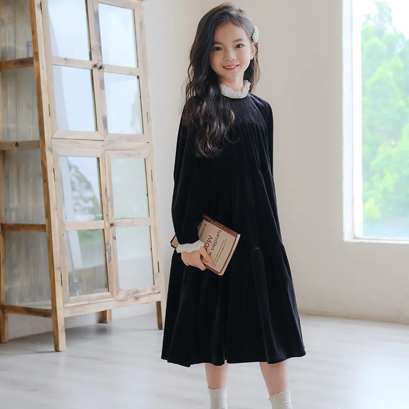 

2023 Girl Velvet Dresses Teenage Girls Black Autumn Dress Children A-line Christening Clothes Infants Elegant Outdoor Clothing