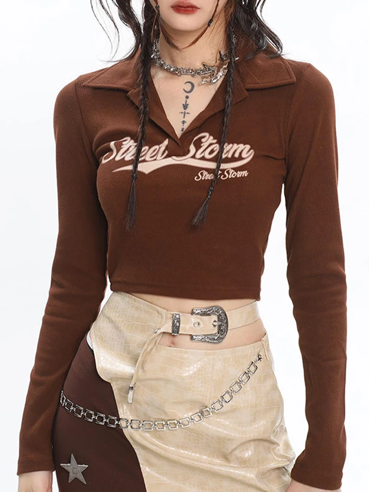 

Vintage Letter Print Women T-shirt Korean Fashion Spring Autumn Crop Top Skinny Ribbed Long Sleeve Soild Tees American Retro Top