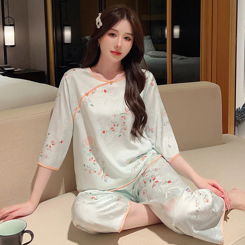 Funishi Summer Sleepwear Ice Silk Women's Pajamas Cardigan lace Cute пижама женская Tang style Cardigan Suit Sweet