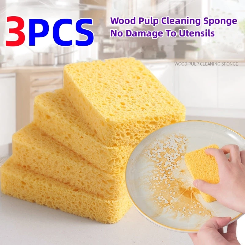 

3PCS Oil-free Dishwashing Sponge Natural Wood Pulp Cotton Cleaning Cloth Brush Dishwashing Cloth Absorbent Magic Wipe