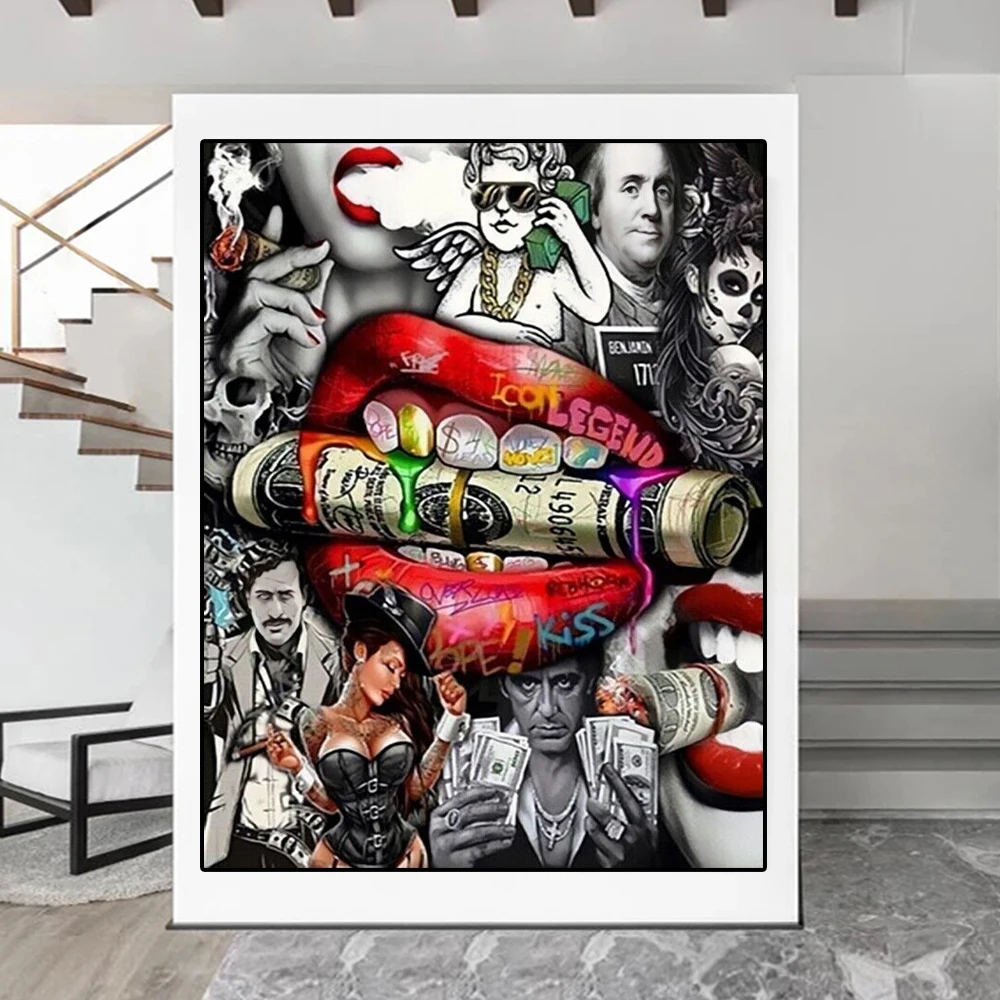 Знаменитые персонажи фильма Искусство граффити сексуальные красные губы с сигарой во рту Ретро плакат деньги Лицо со шрамом украшение гостиной