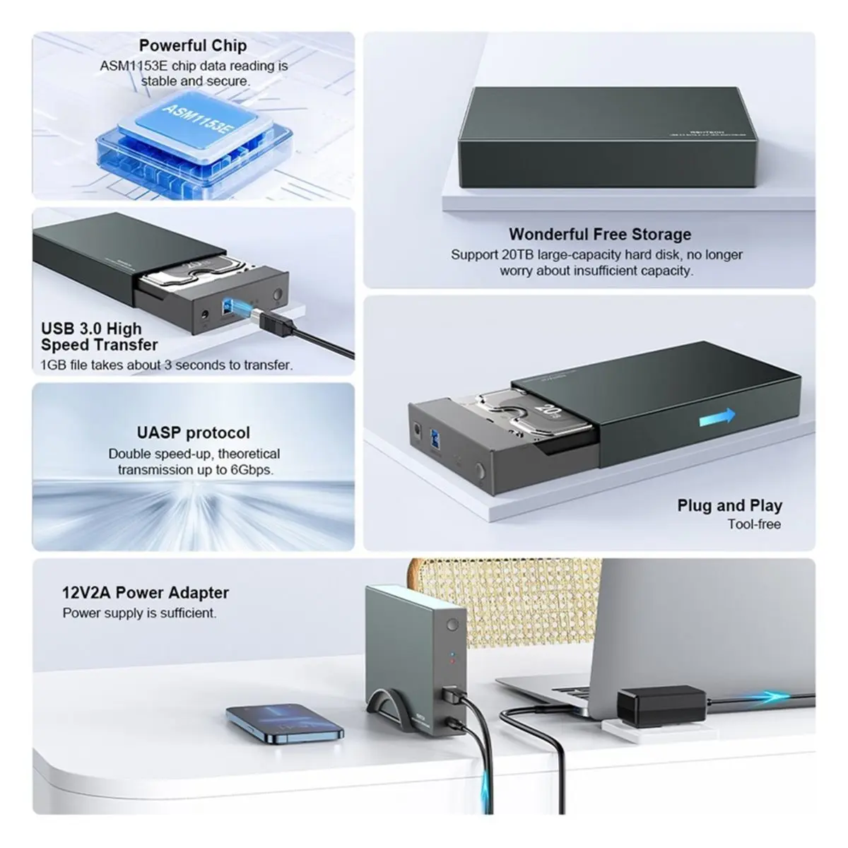 Фото Внешний корпус для жесткого диска USB 3.0 на SATA 6 Гбит/с для 3,5-дюймовых HDD/SSD, поддержка UASP, функция автоматического перехода в спящий режим, вилка стандарта ЕС №4