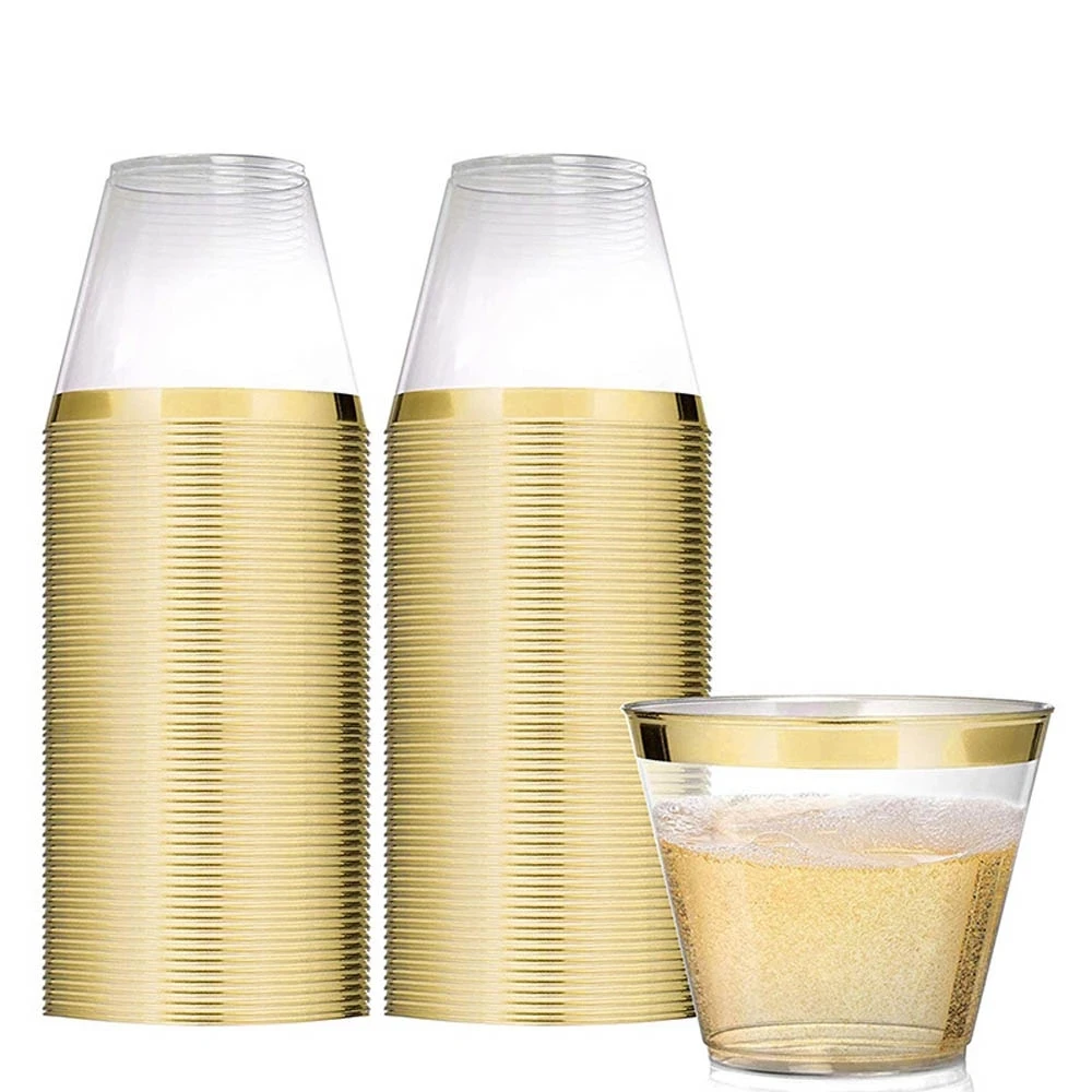 

25pcs Golden Plastic Cup 9oz Hard Disposable Cup Plastic Wine Glass Party Wedding Glass Transparent Plastic Cup with Gold Rim