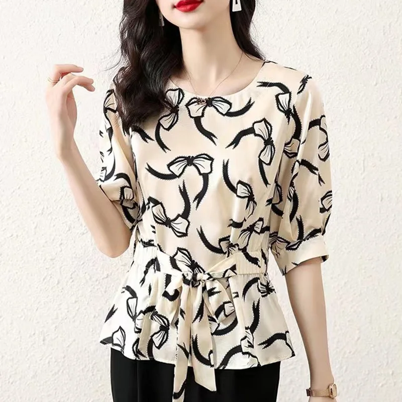 

Fashion Loose Printed Shirring Bandage Bow Blouse Women's Clothing 2023 Summer New Oversized Casual Pullovers Office Lady Shirt
