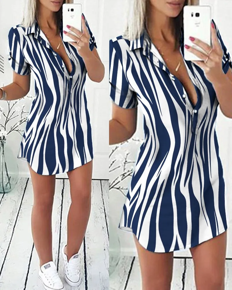 

Women Dress Fashion Stripe Print Mini Short Shirt Collar Short Sleeve Slim High Waist Straight Bag Hip Single Row Pullover Dress
